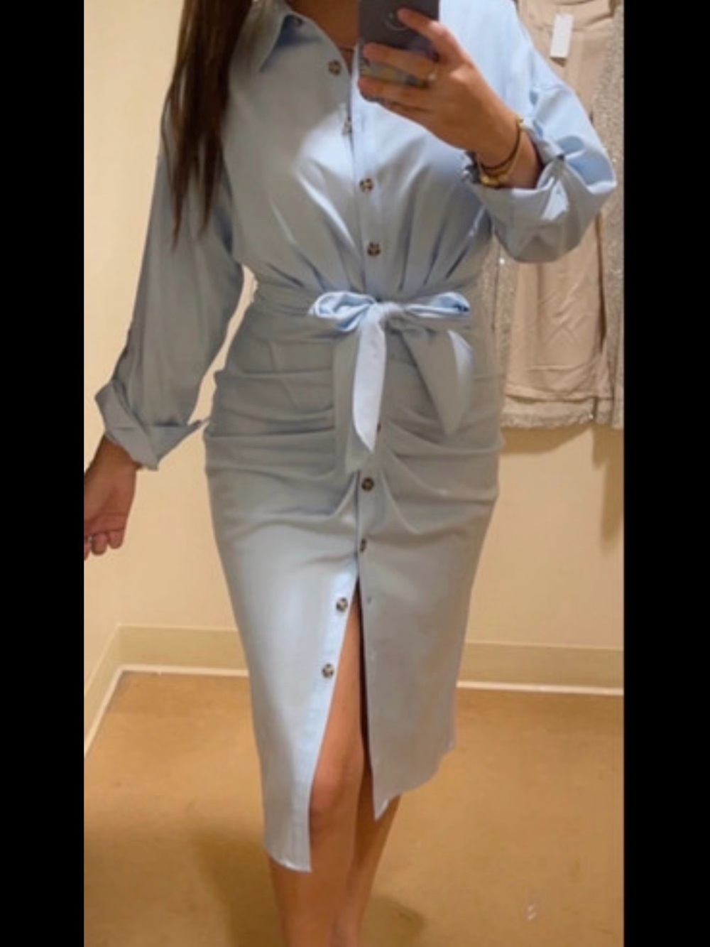 ANTONIO MELANI Light Blue Button-Front Shirt Midi Dress with Tie Waist